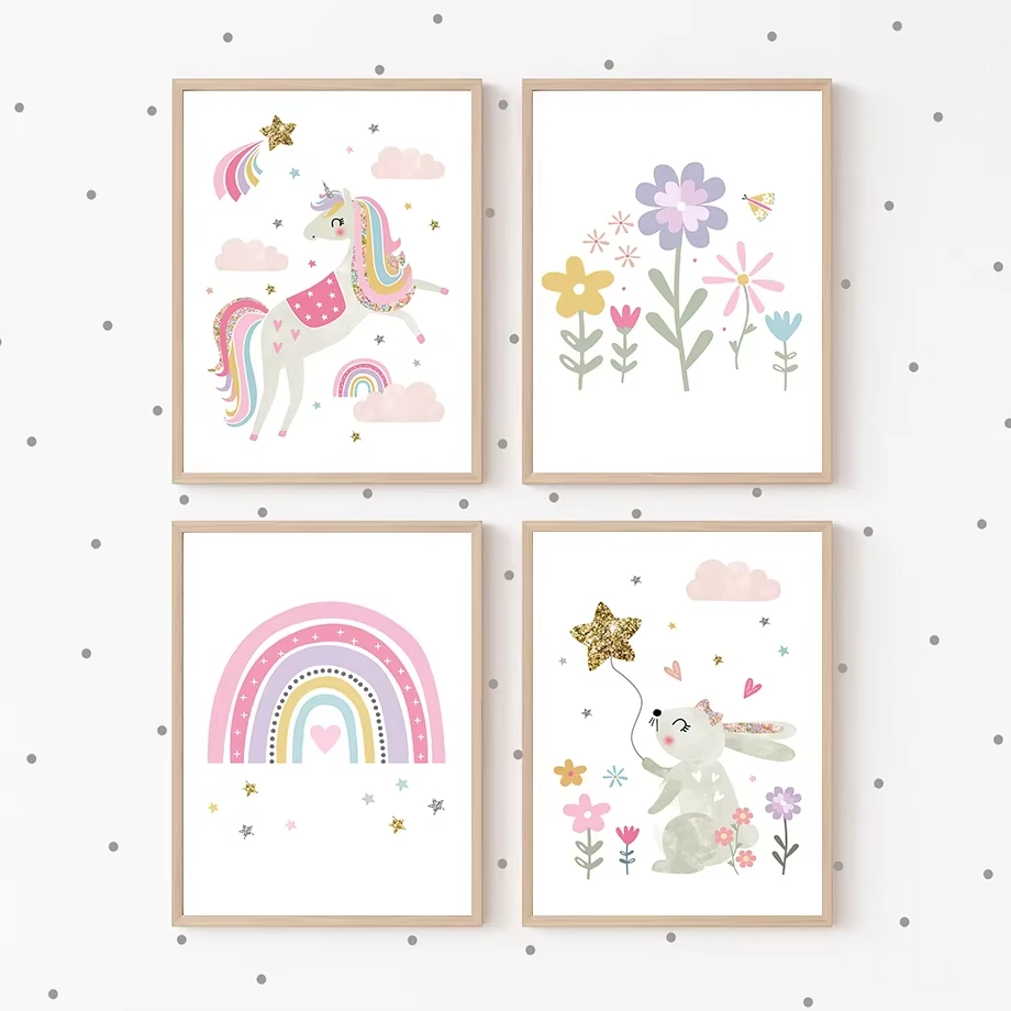 Baby Nursery Pink - Pink Unicorn Rabbit Rainbow Cloud Flower
