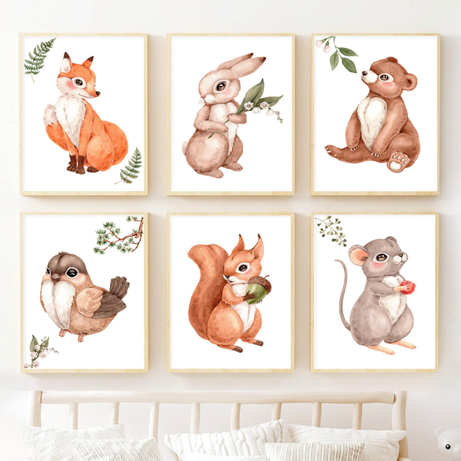Baby Nursery Gender Neutral - Watercolor Woodland Animal Nursery Wall Art