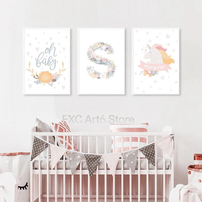 Baby Nursery Pink - 1PC frameless Floral Alphabet Letters Unicorn