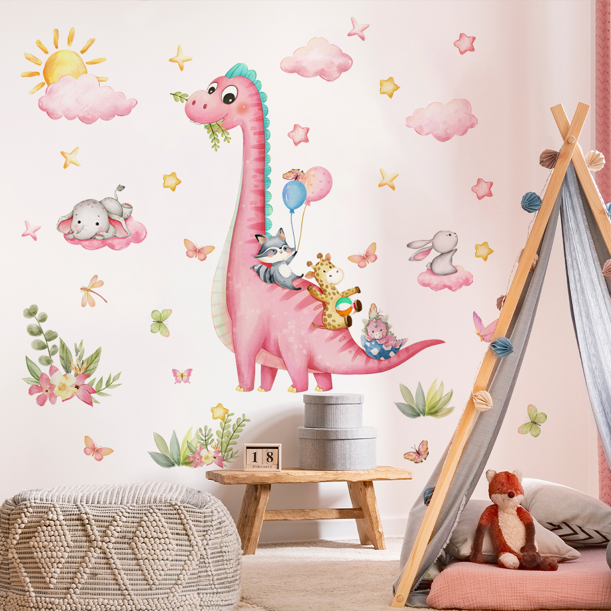 Baby Nursery Pink - Large Cartoon Pink Dinosaur Animal Park