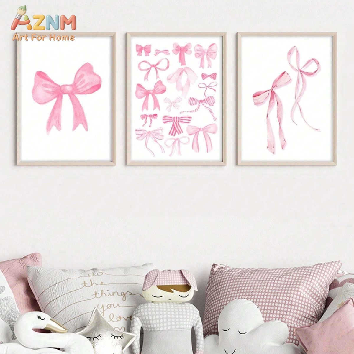 Baby Nursery Pink - 3PCS Pink Watercolor Bow Canvas Wall