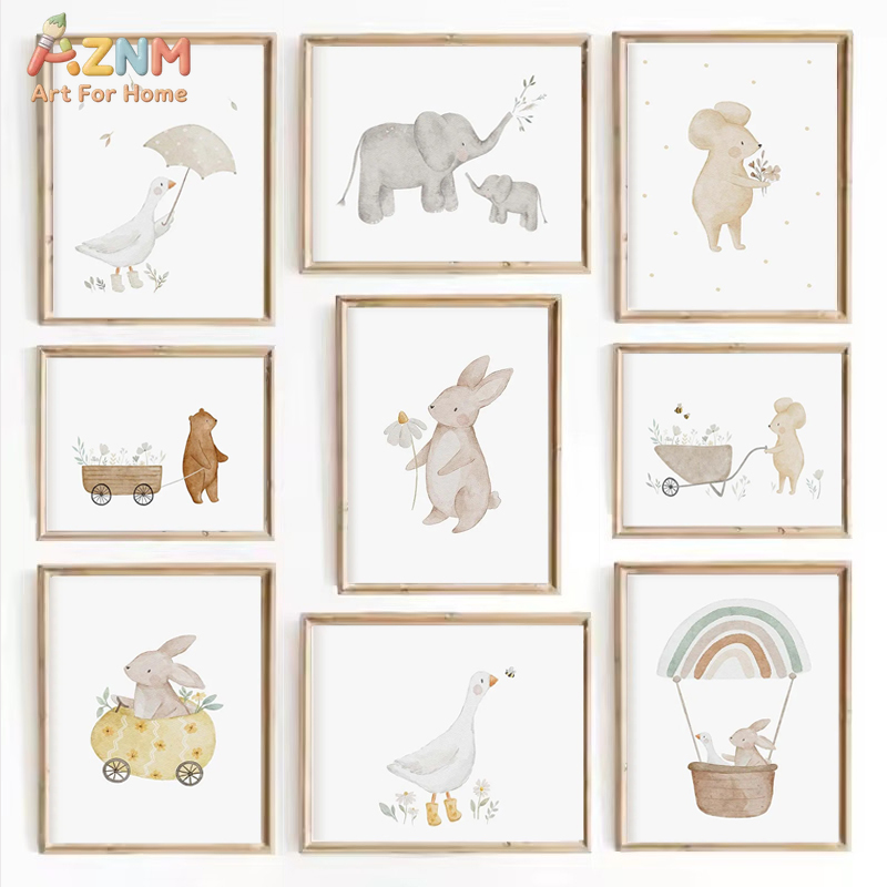 Baby Nursery Gender Neutral - AZNM Watercolor Neutral Baby Animals Canvas