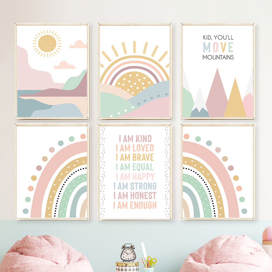 Baby Nursery Pink - Pink Mountain Sun Rainbow Quote Bohemian