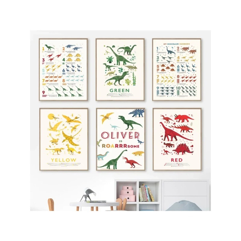 Baby Name Wall Art - Dinosaur Numbers Educational ABC Alphabet Custom