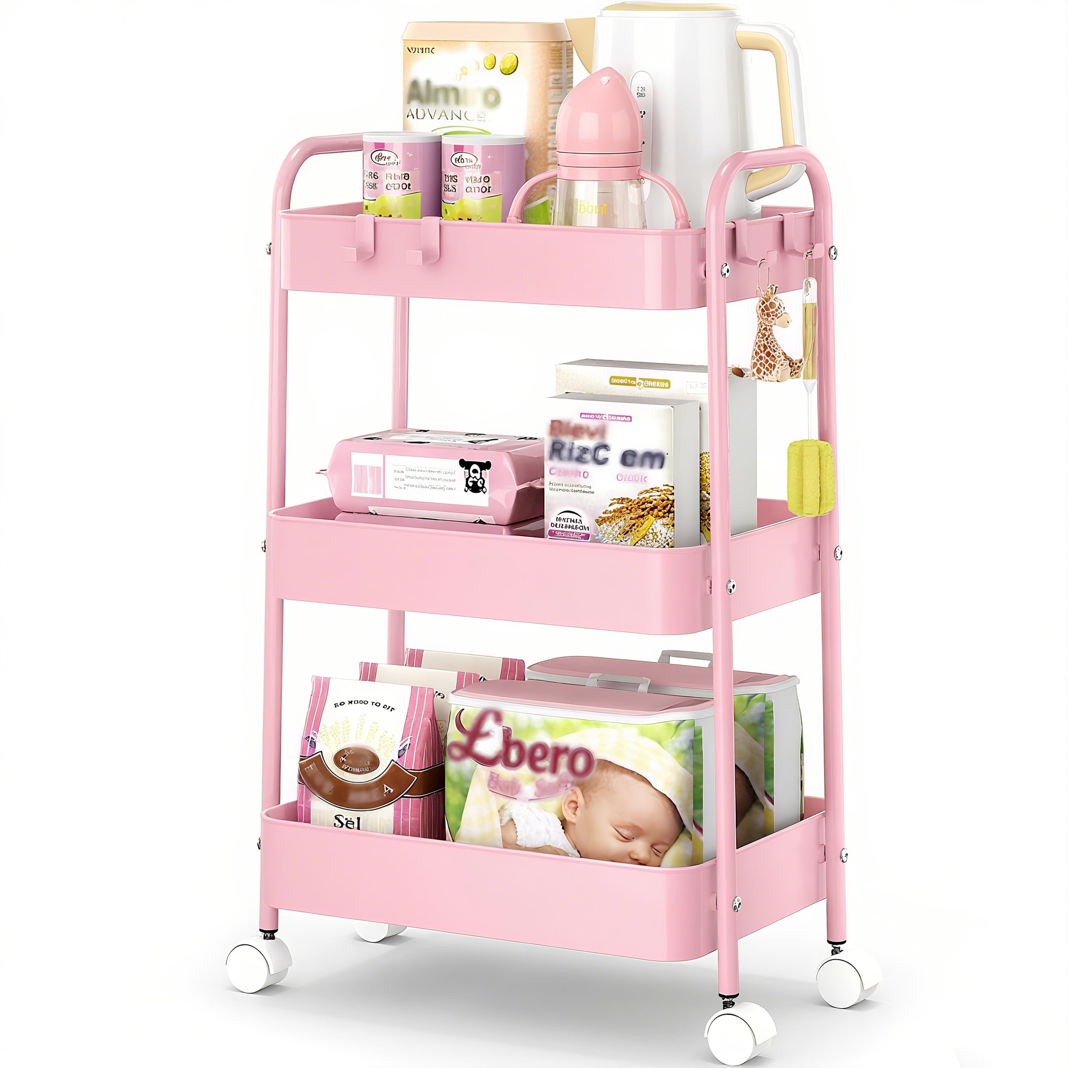 3 Tier Metal Rolling Cart With - Baby Nursery Pink 评论和价格