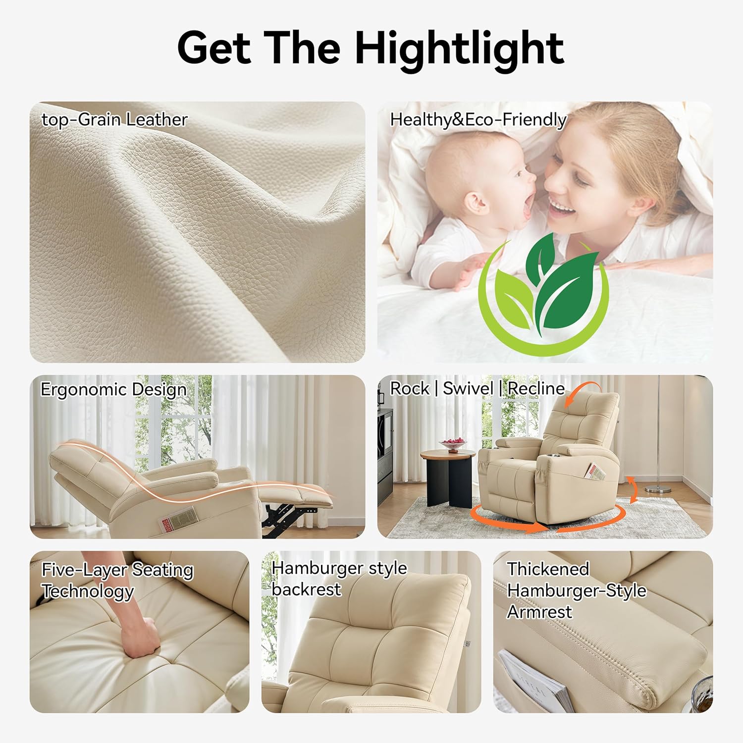 #Leather Recliner Chair, Swive - Rocking Chair Nursery 评论和价格
