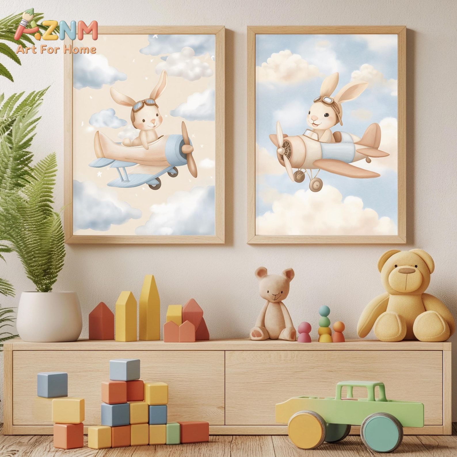 Bunny Airplane Wall Art Set of - Baby Nursery Animal Theme 评论和价格