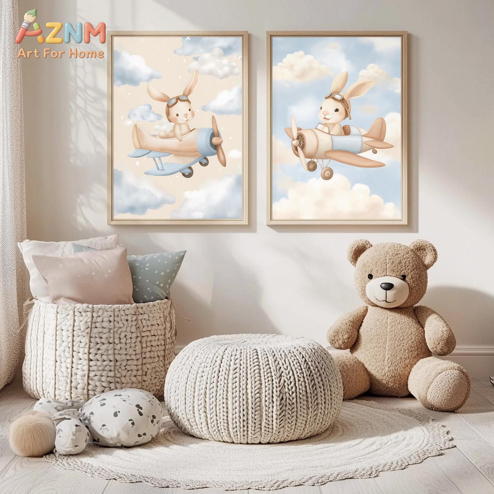 Bunny Airplane Wall Art Set of - Baby Nursery Animal Theme 评论和价格