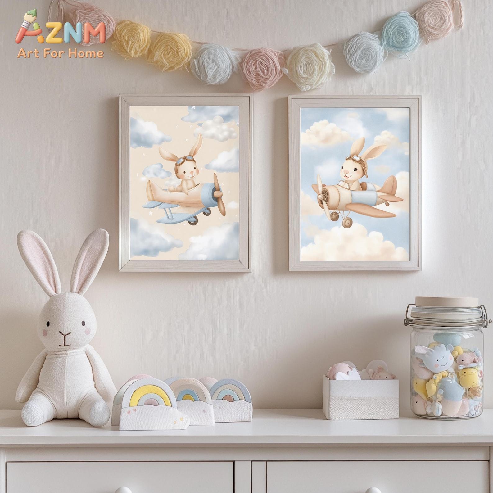 Bunny Airplane Wall Art Set of - Baby Nursery Animal Theme 评论和价格