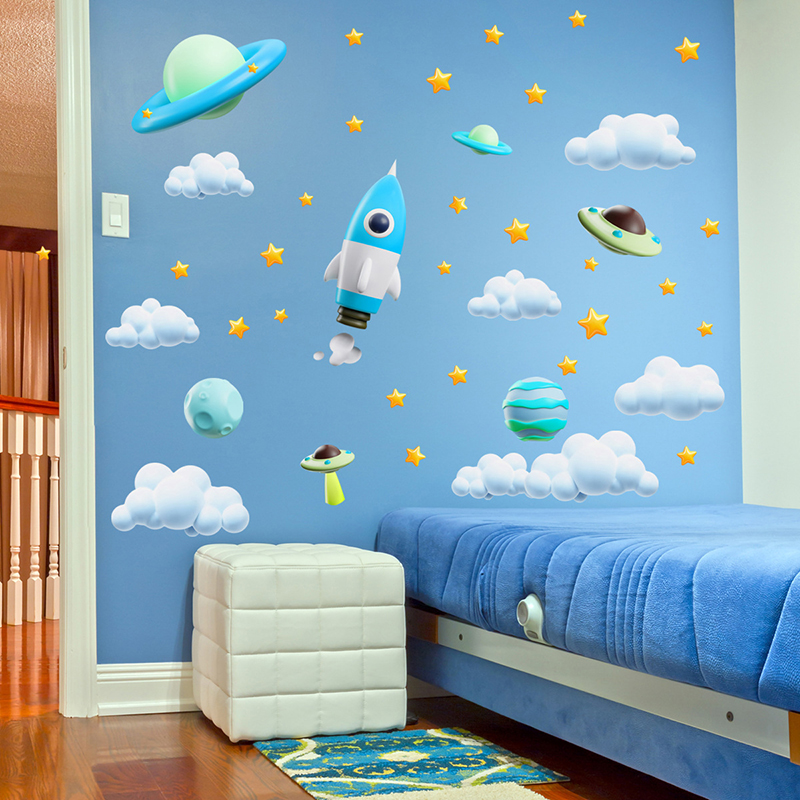 Blue Galaxy Space Rocket UFO W - Baby Nursery Diy 评论和价格