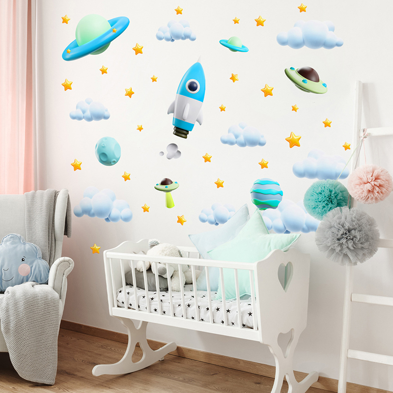 Blue Galaxy Space Rocket UFO W - Baby Nursery Diy 评论和价格