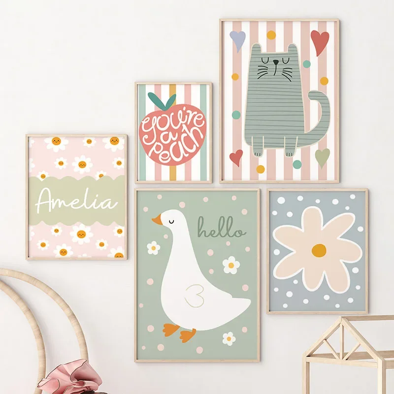 Cartoon Cat Duck Bird Apple Cu - Baby Name Wall Art 评论和价格