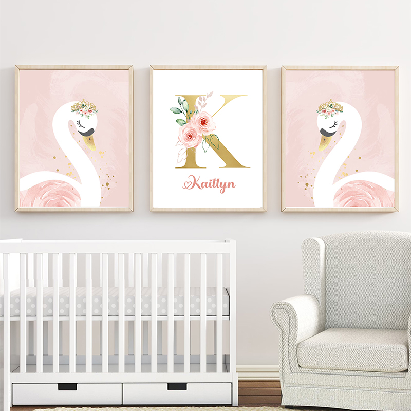 Pink Crown Swan Golden Customi - Baby Nursery Name Letters 评论和价格