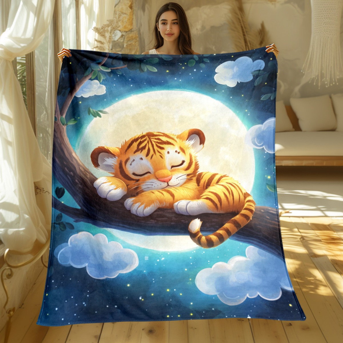 Cute sleeping tiger on tree br - Baby Nursery Animal Theme 评论和价格