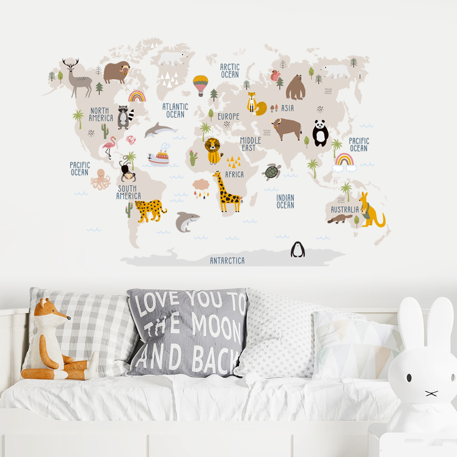 Watercolor  Cartoon World Map  - Baby Nursery Vinyl Wall Stickers 评论和价格